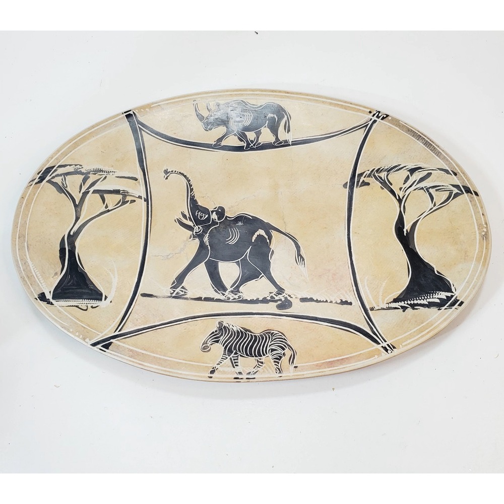 Signed Equator Kenya African Soapstone 10" Carved Etched Plate Bowl Elephant